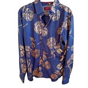 Consequence Button Up Long Sleeve Gold Foil On Navy Shirt Size Large Preppy